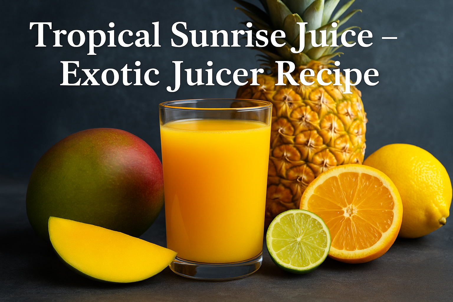 A radiant glass of Tropical Sunrise Juice surrounded by mango, pineapple, and citrus fruits.