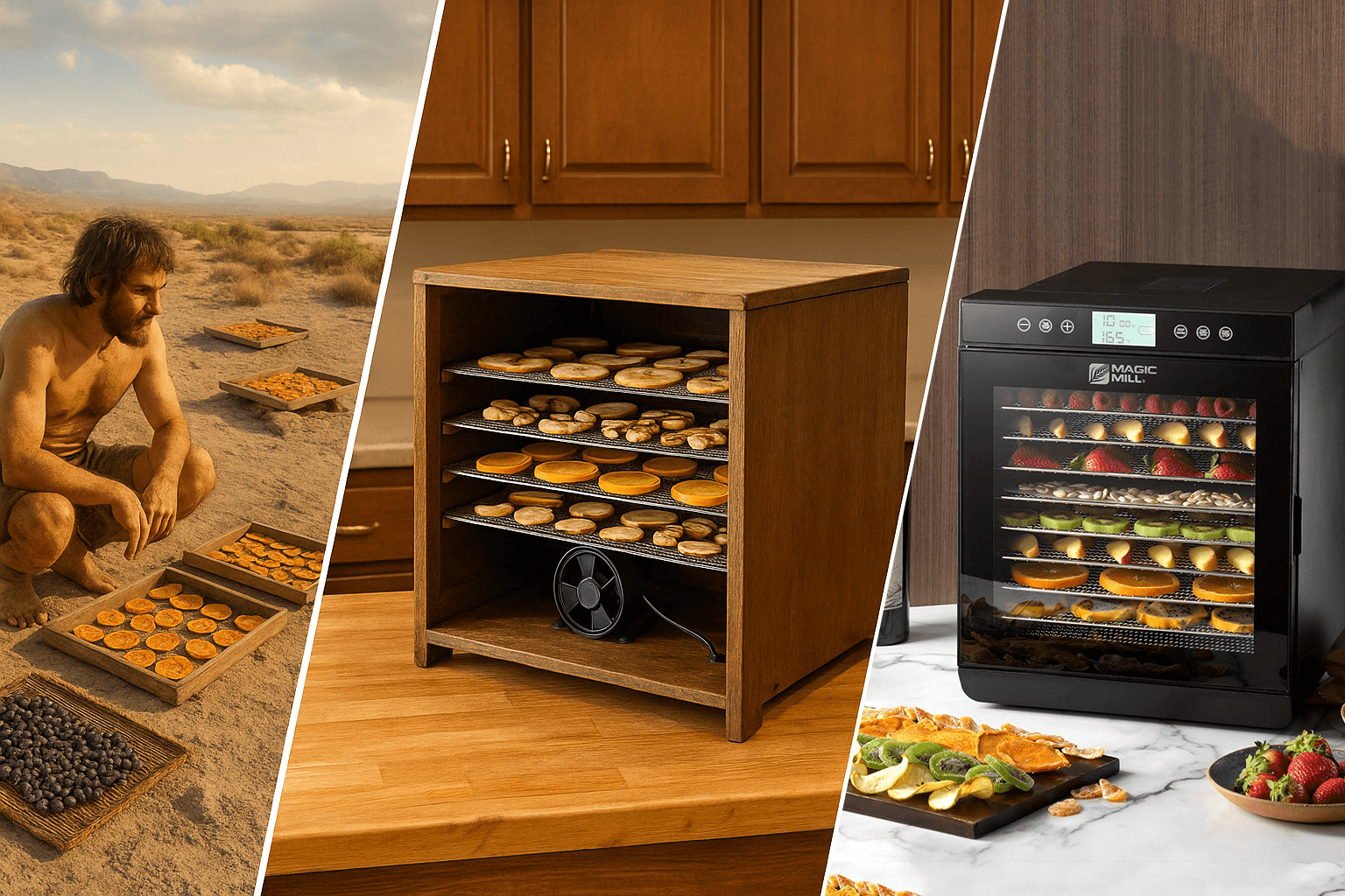 Collage of ancient, mid-century, and modern food dehydrators