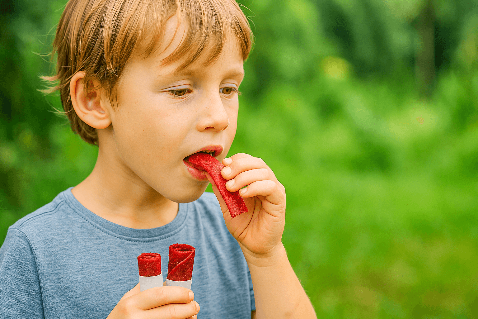 Rolled strawberry fruit leather on parchment paper