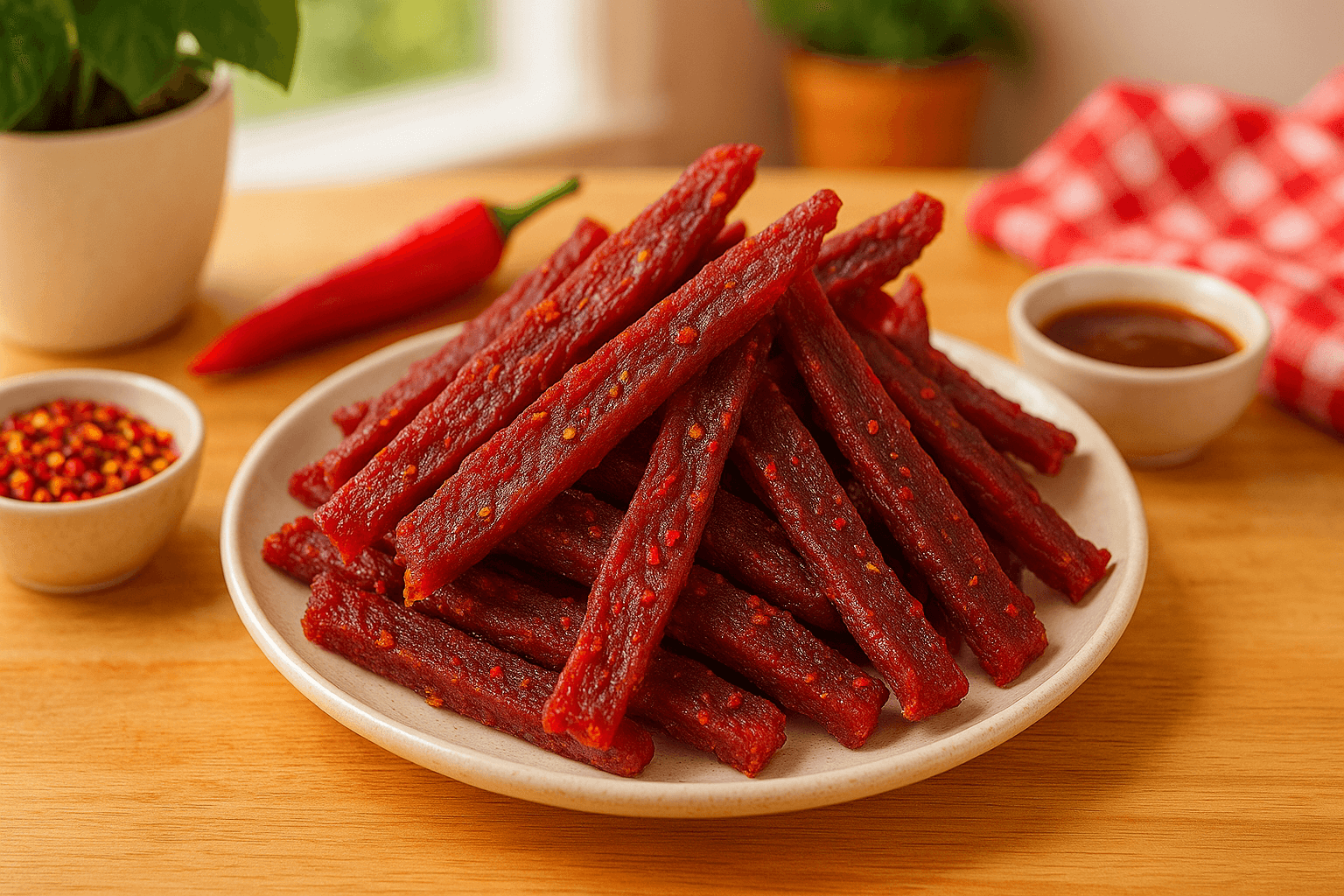 Homemade spicy beef jerky prepared using a dehydrator.