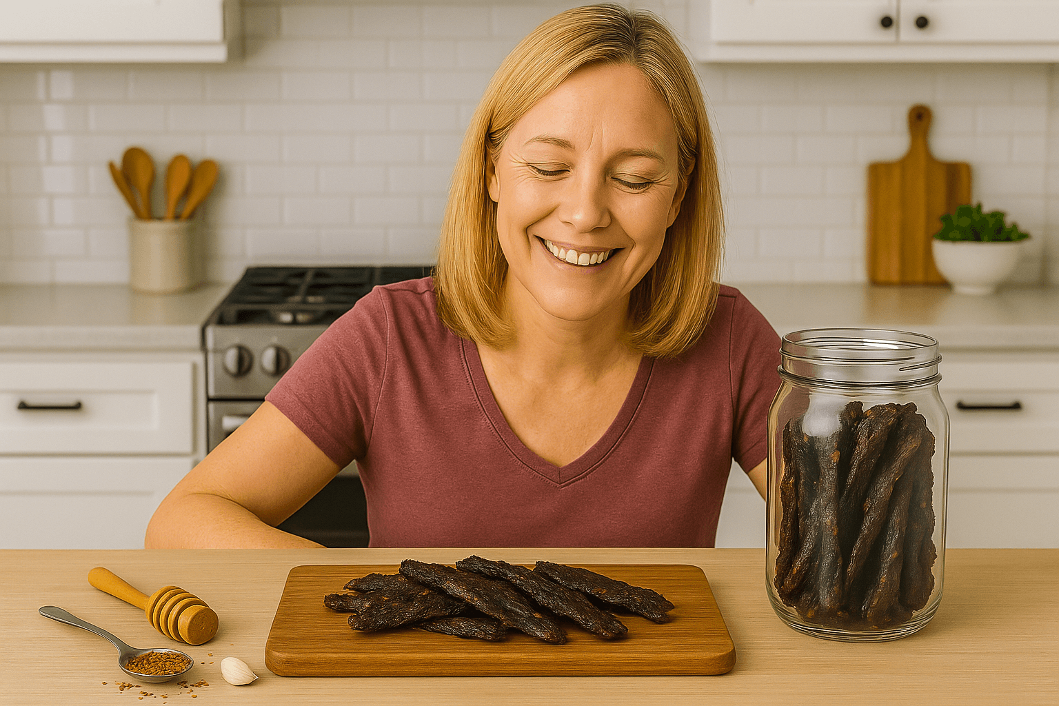 Woman smiling in kitchen with beef jerky on a board and jar beside her.