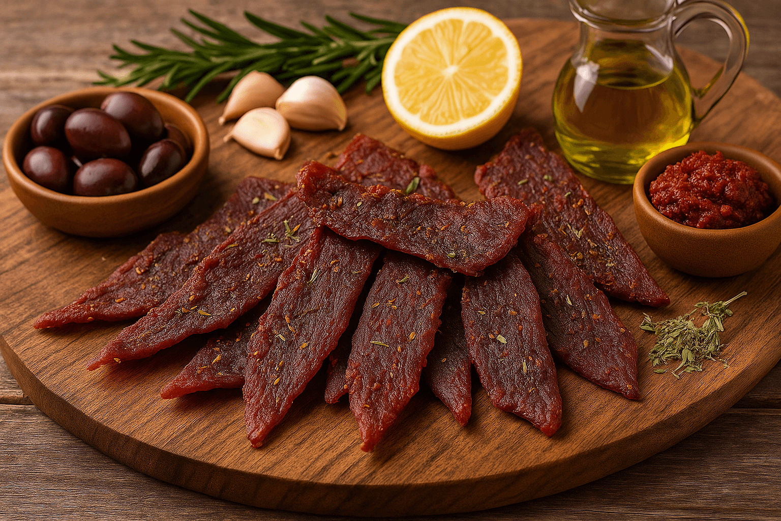 Mediterranean-style beef jerky with herbs, sun-dried tomatoes, and olives on a rustic wood board