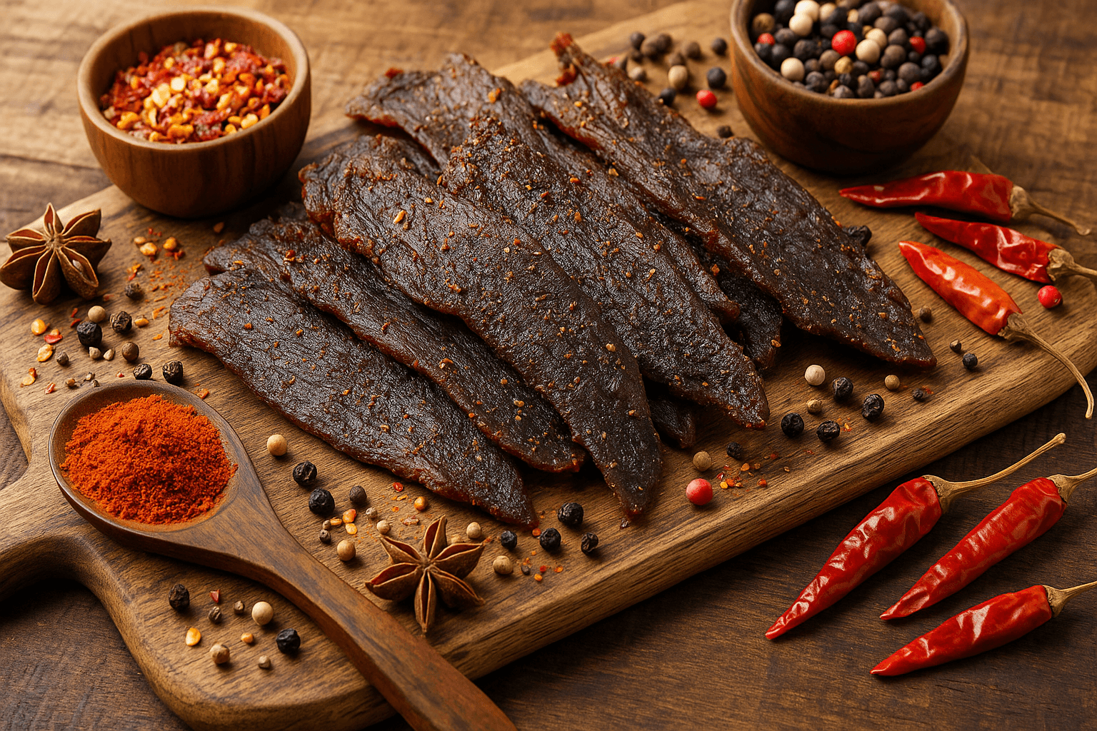 Slices of spiced beef jerky with assorted spices on a rustic wooden board.
