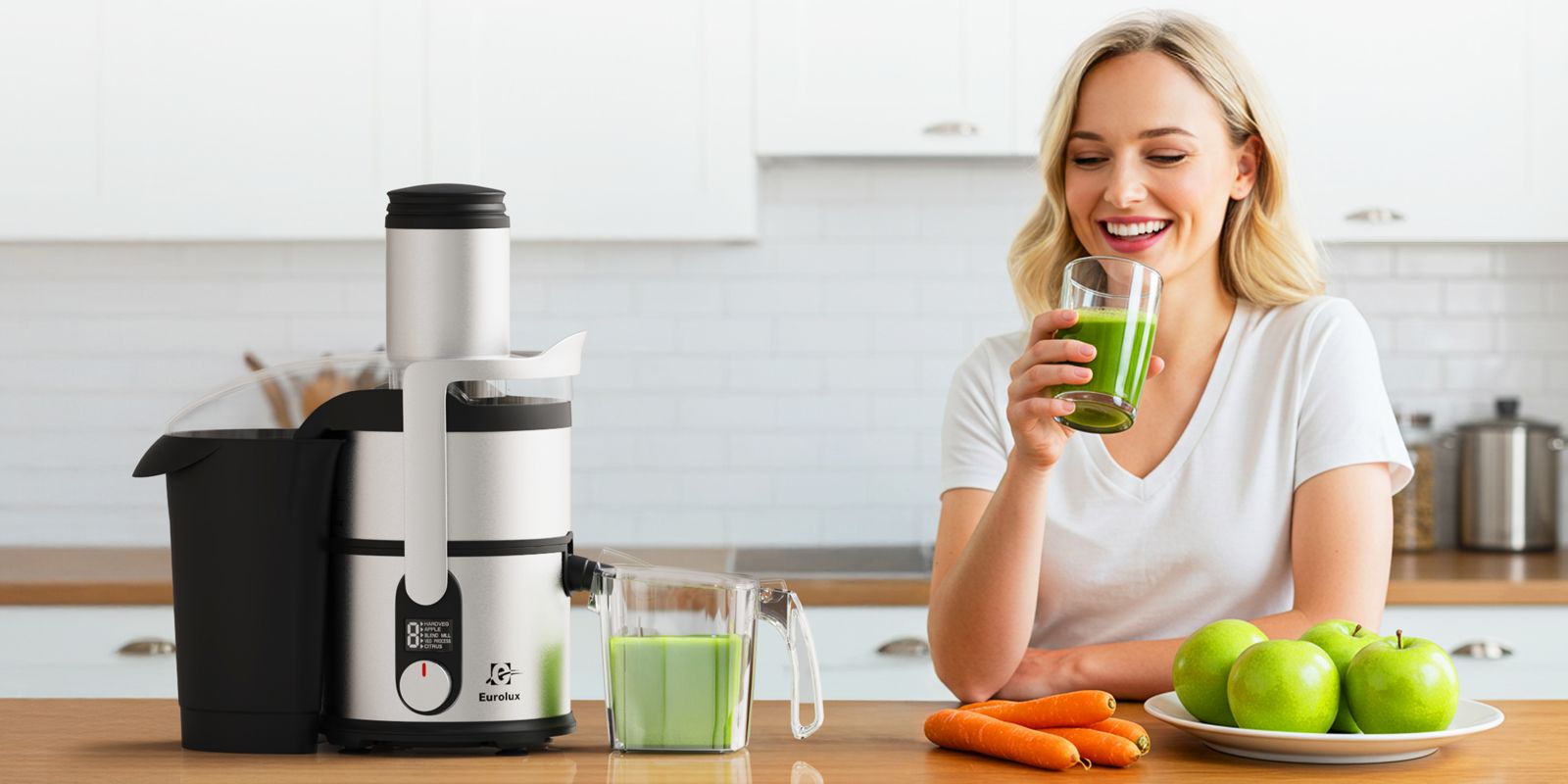Juicer extracting fresh orange and carrot juice in modern sunlit kitchen