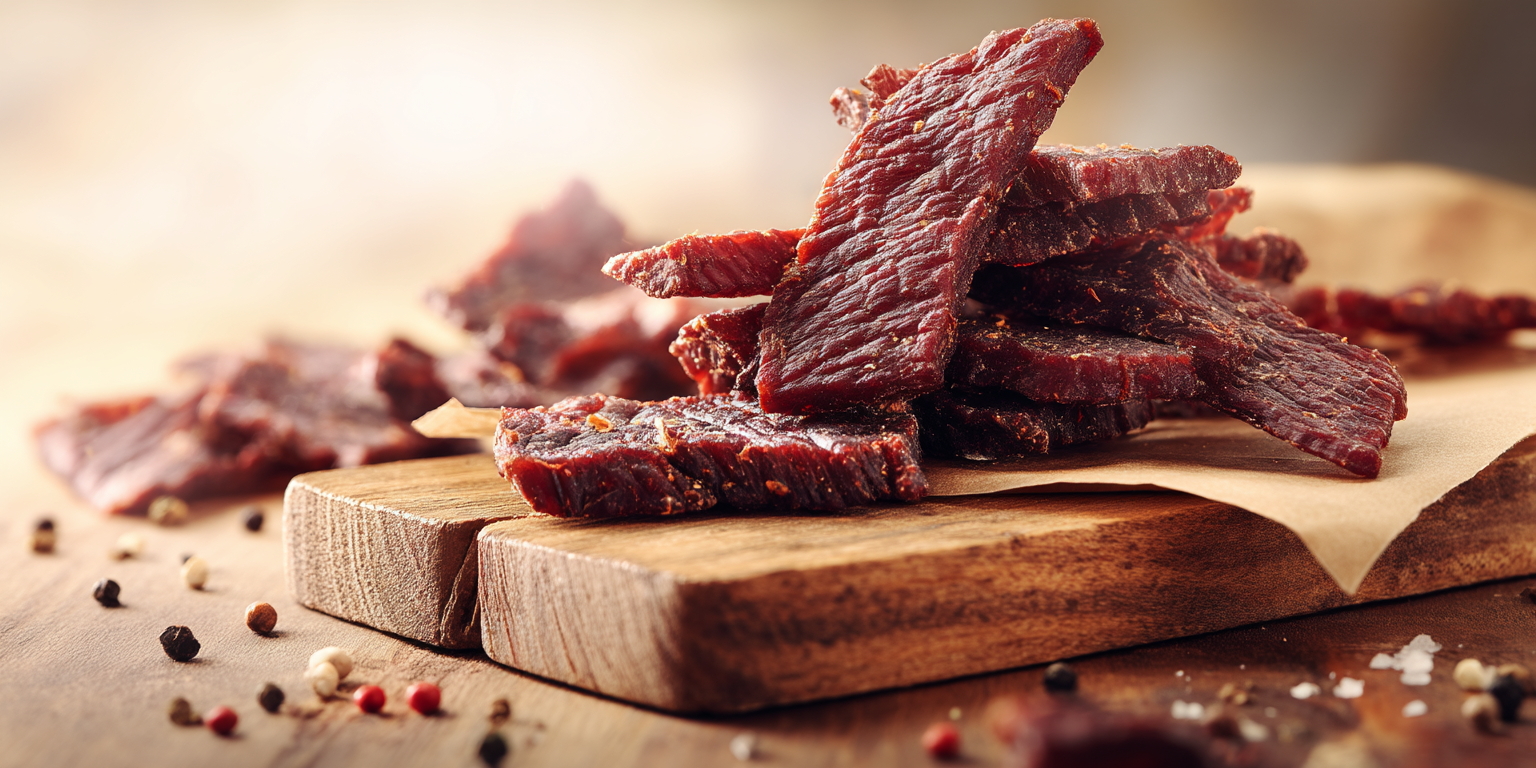 Close-up of rustic homemade beef jerky strips on a wooden cutting board with natural sunlight, showcasing an easy and healthy snack.