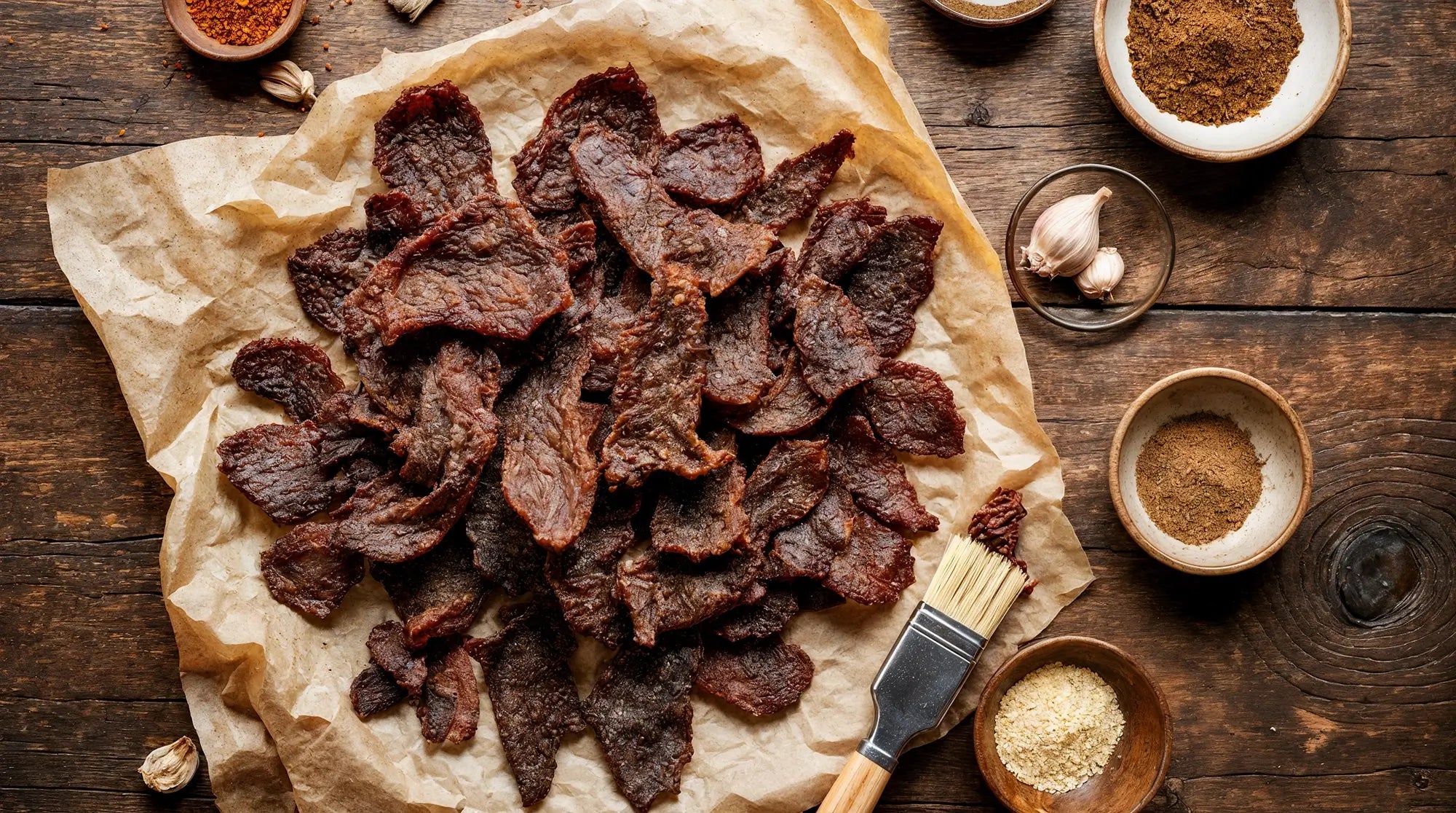 Homemade beef jerky on a rustic cutting board with a food dehydrator in the background, surrounded by spices and marinade ingredients