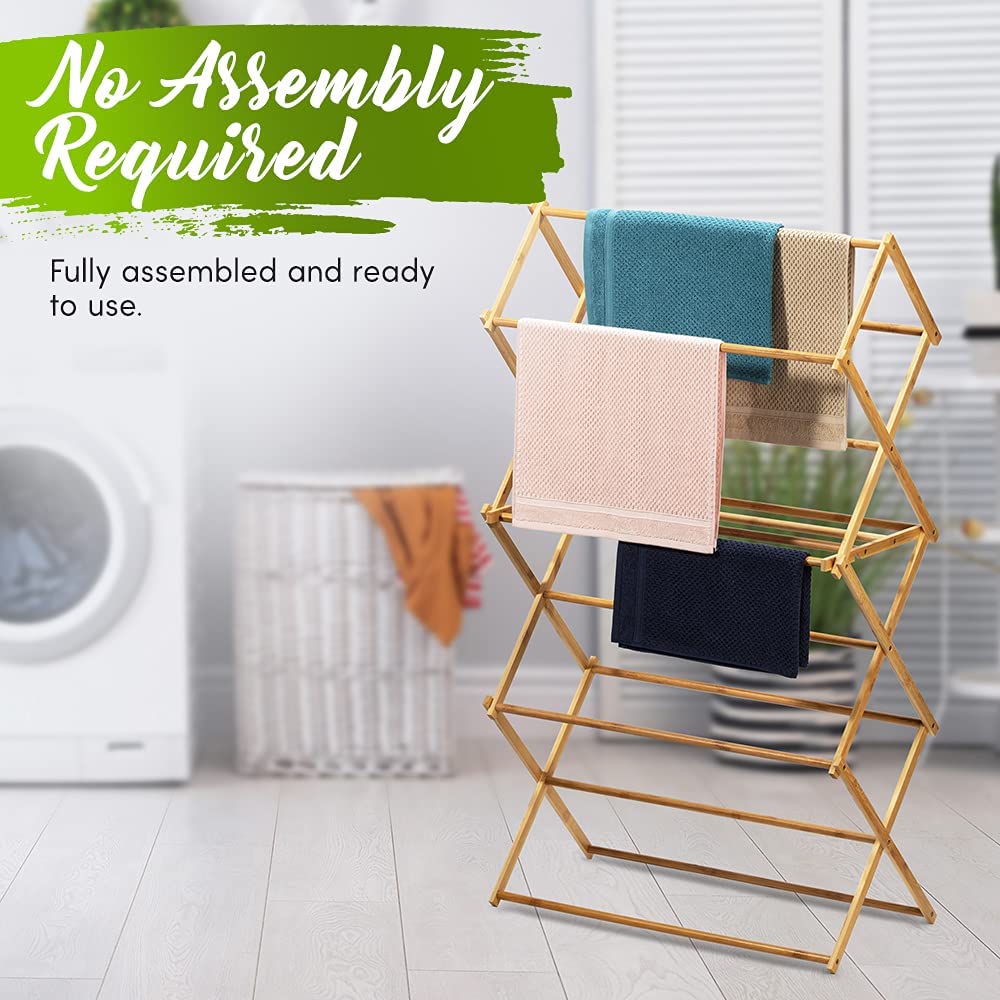 Bartnelli Bamboo Wood Laundry Clothing Drying Rack for Clothes, Foldable, Collapsible Space Saving | Indoor-Outdoor Use