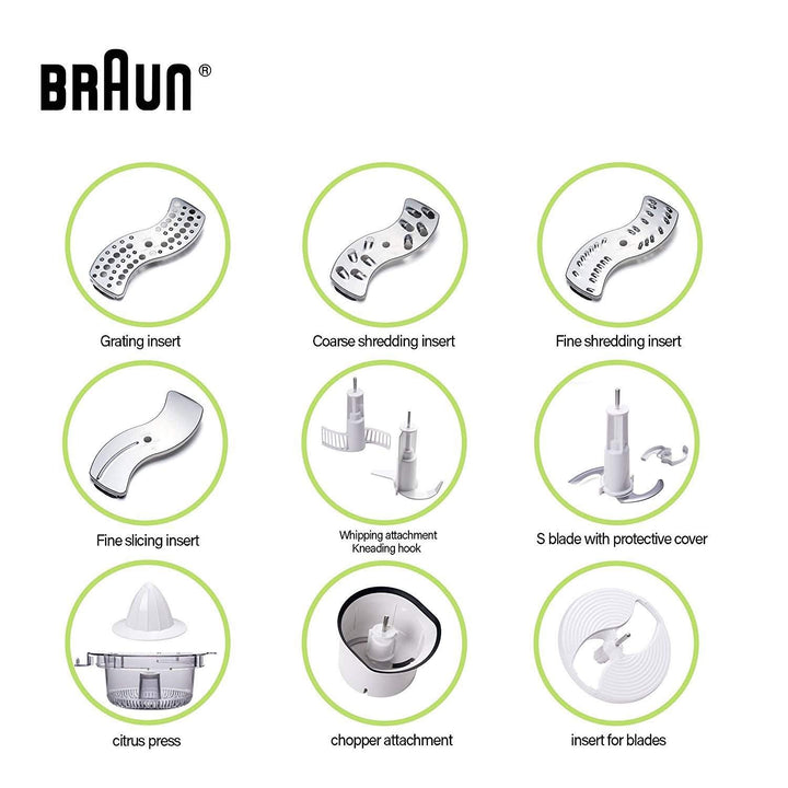 Braun FP3020 12 Cup Food Processor includes 7 Attachment Blades + Chopper and Citrus Juicer