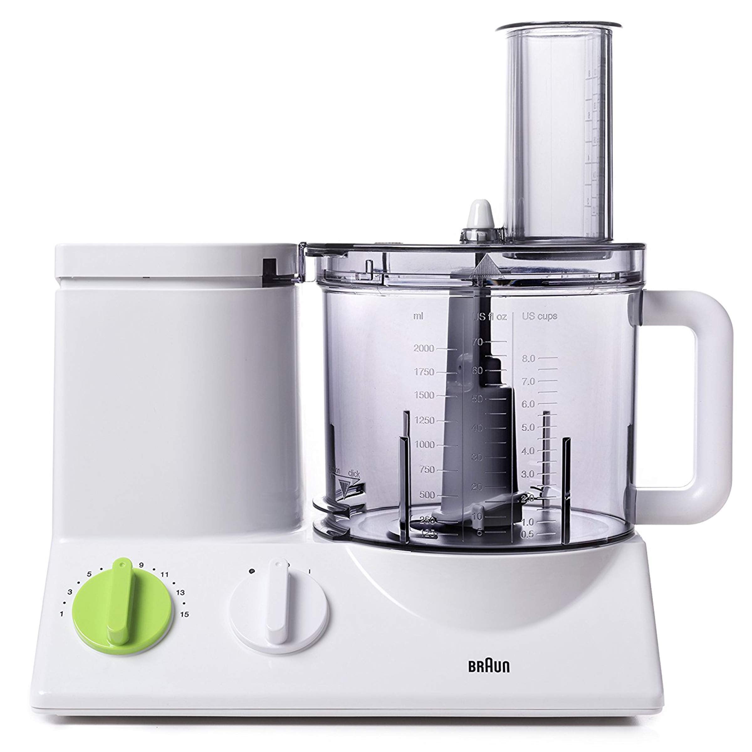 Braun FP3020 12 Cup Food Processor Ultra Quiet Powerful motor, includes 7  Attachment Blades + Chopper and Citrus Juicer , Made in Europe with German