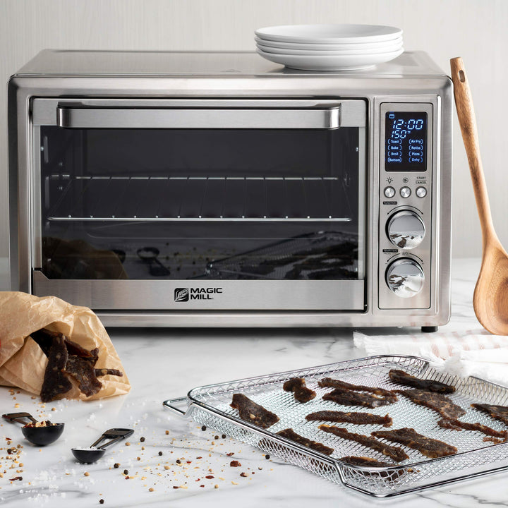 Magic Mill Air Fryer Toaster Oven – 30L Capacity 1800w Smart Convection Oven and Dehydrator With 3 Style Trays – LED Display – Brushed Stainless Steel