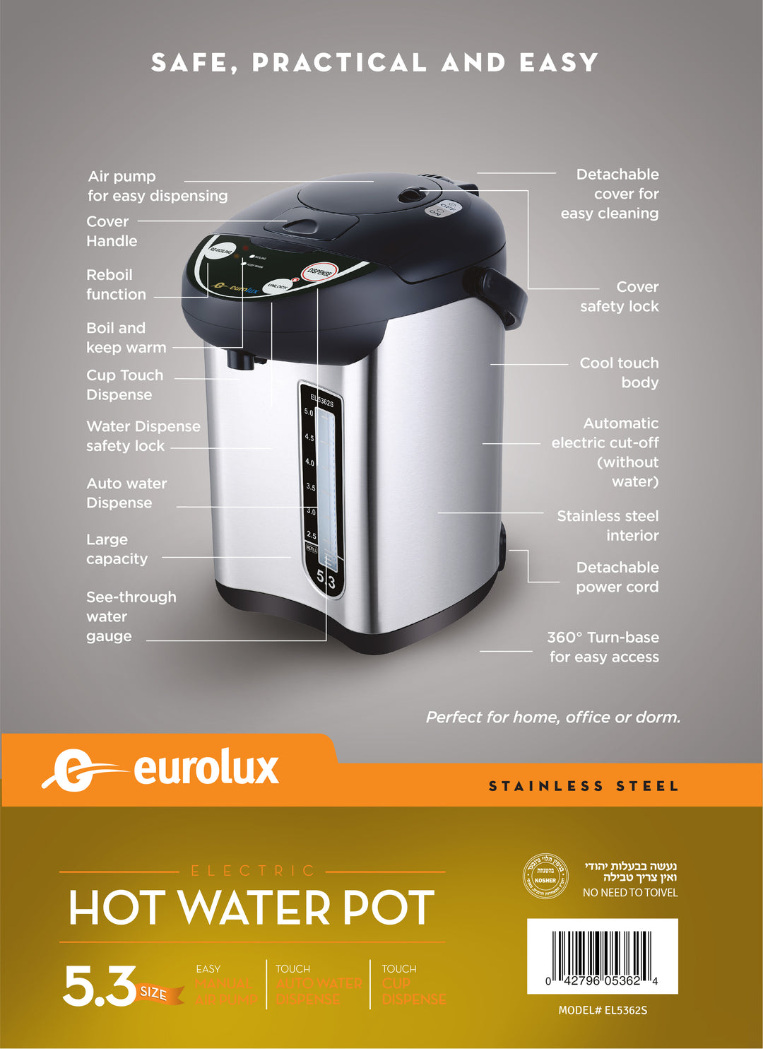 EUROLUX ELECTRIC HOT WATER POT 5.3 QT MODEL# EL5362S