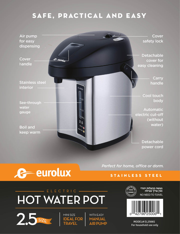 EUROLUX ELECTRIC HOT WATER POT 2.5 QT MODEL# EL2506S