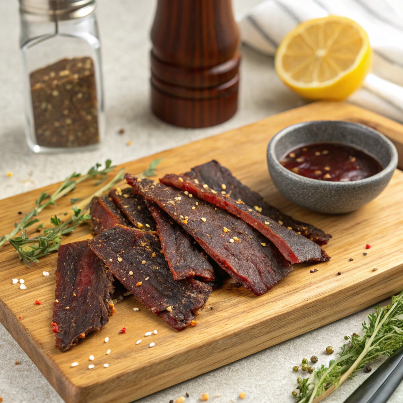 Close-up of smoky beef jerky strips on a wooden cutting board, seasoned with black pepper, paprika, and thyme, surrounded by a small bowl of BBQ sauce, coarse salt, and a sliced lemon wedge, with a Magic Mill dehydrator in the background.