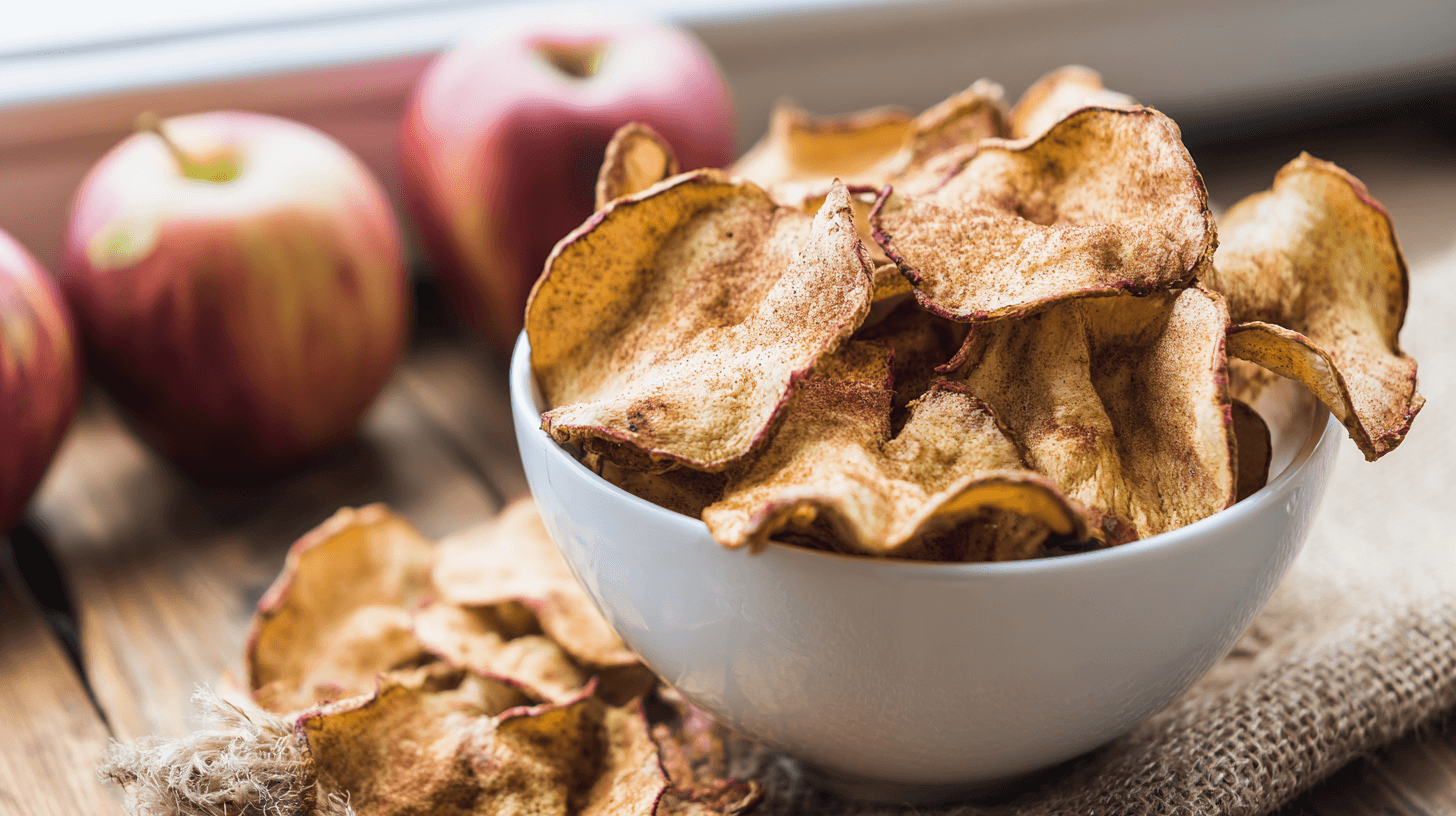 A bowl of golden, crispy cinnamon apple chips on a kitchen counter with apples and a Magic Mill dehydrator in the background.