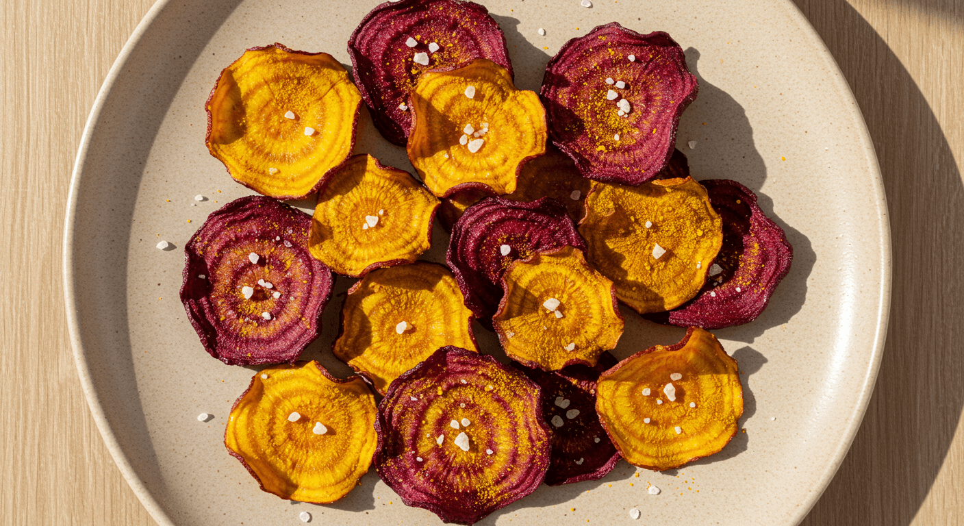 Golden beet chips with turmeric on ceramic plate