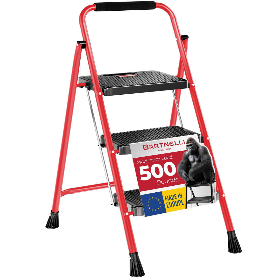 Bartnelli Pro Luxury Step Ladder | European Made 3 Step Foldable Step Stool for Home | Rock-Solid 500 lb Capacity,Built to Last with Highest-Grade Sturdy Steel Construction,Soft Handle, Anti-Slip Feet