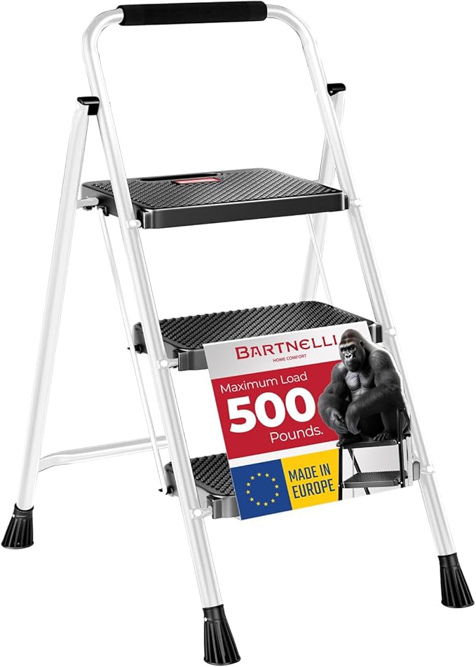 Bartnelli Pro Luxury Step Ladder | European Made 3 Step Foldable Step Stool for Home | Rock-Solid 500 lb Capacity,Built to Last with Highest-Grade Sturdy Steel Construction,Soft Handle, Anti-Slip Feet