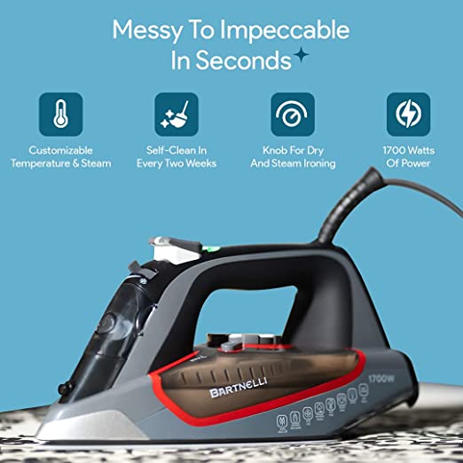 Bartnelli Pro Luxury Steam Iron for Clothes | New Powerful Steam Technology | Non-Stick Ceramic Soleplate, 1700 Watts with 3-Way Auto Shut Off, Premium Built Quality & Durability