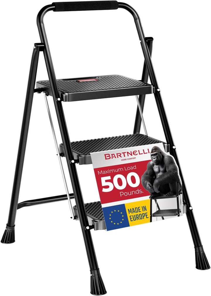 Bartnelli Pro Luxury Step Ladder | European Made 3 Step Foldable Step Stool for Home | Rock-Solid 500 lb Capacity,Built to Last with Highest-Grade Sturdy Steel Construction,Soft Handle, Anti-Slip Feet