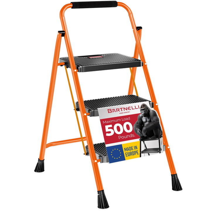 Bartnelli Pro Luxury Step Ladder | European Made 3 Step Foldable Step Stool for Home | Rock-Solid 500 lb Capacity,Built to Last with Highest-Grade Sturdy Steel Construction,Soft Handle, Anti-Slip Feet