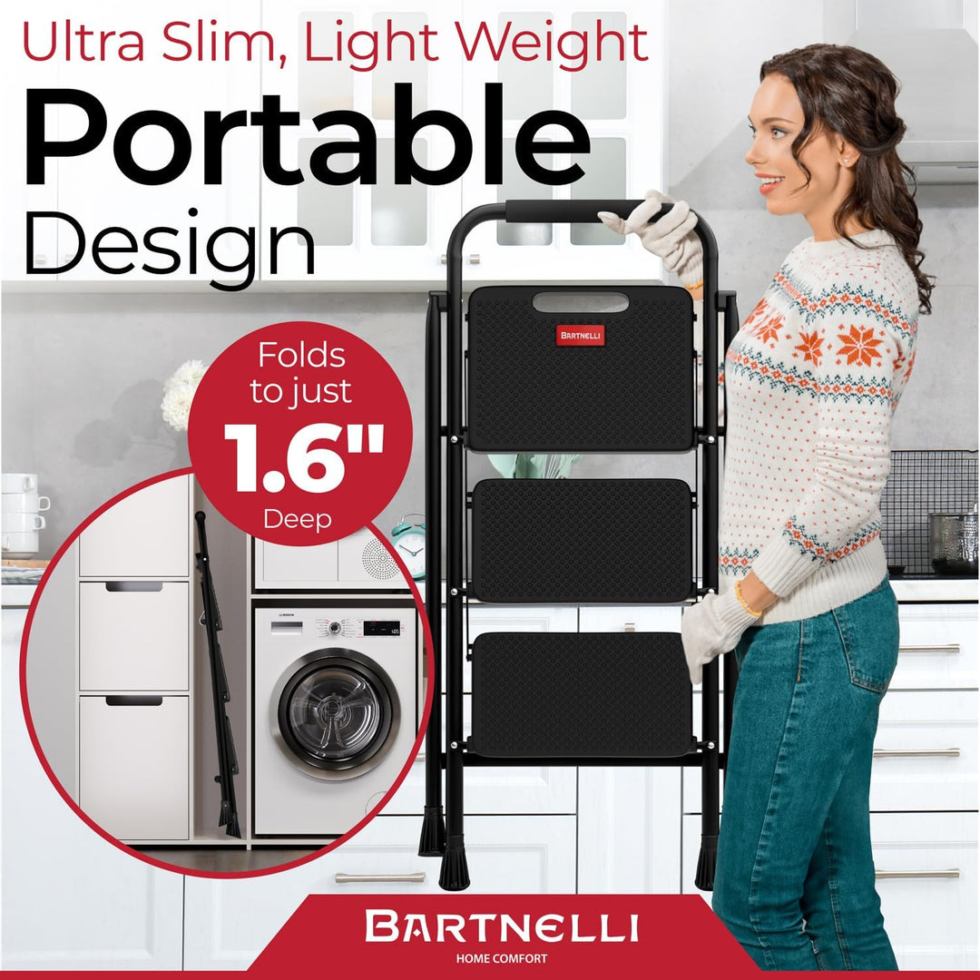 Bartnelli Pro Luxury Step Ladder | European Made 3 Step Foldable Step Stool for Home | Rock-Solid 500 lb Capacity,Built to Last with Highest-Grade Sturdy Steel Construction,Soft Handle, Anti-Slip Feet