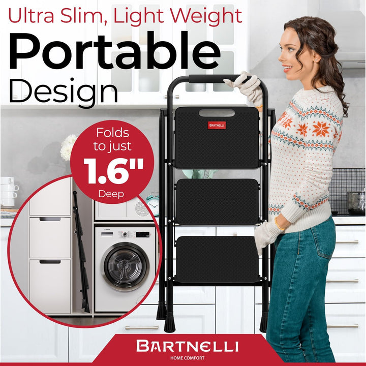 Bartnelli Pro Luxury Step Ladder | European Made 3 Step Foldable Step Stool for Home | Rock-Solid 500 lb Capacity,Built to Last with Highest-Grade Sturdy Steel Construction,Soft Handle, Anti-Slip Feet