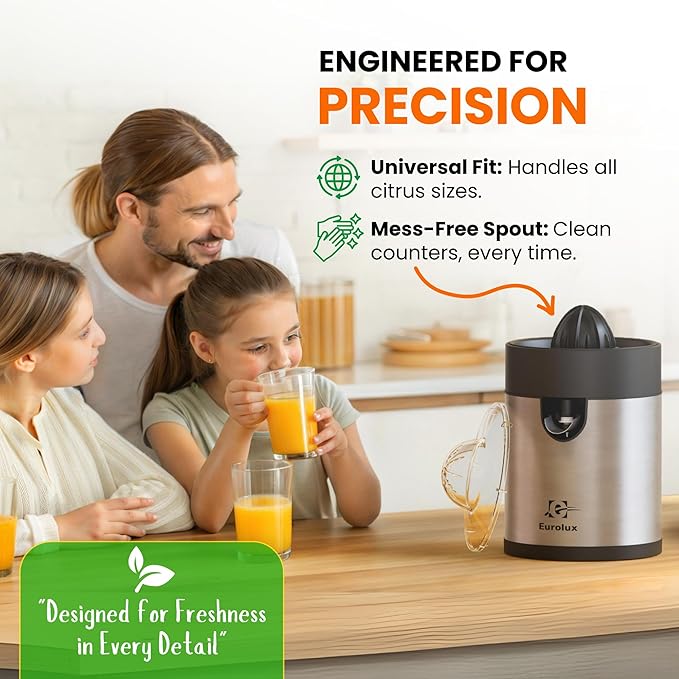 Eurolux Electric Orange Juicer, Sleek Effortless Citrus Juice Squeezer for Lemon, Lime, Grapefruit | Powerful Motor, Easy to Clean, Removable Dishwasher-Safe Parts