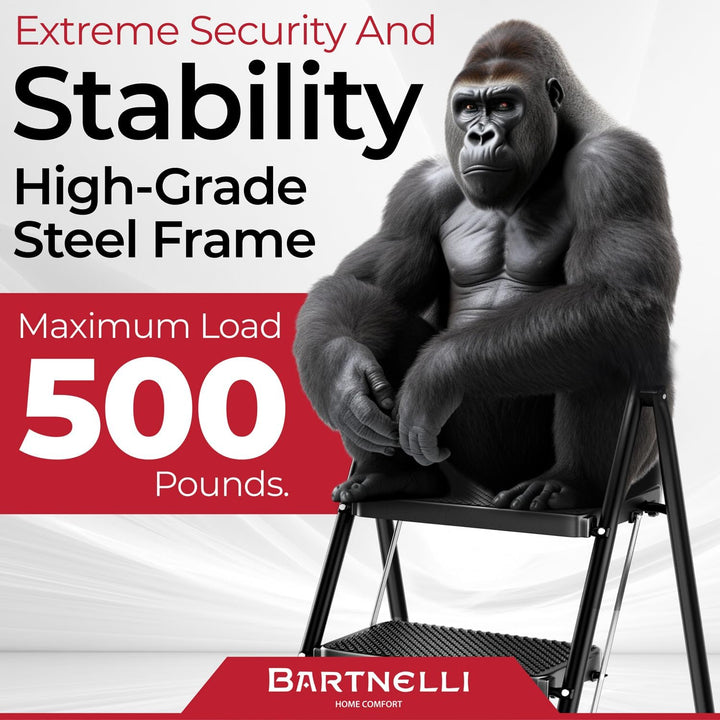 Bartnelli Pro Luxury Step Ladder | European Made 3 Step Foldable Step Stool for Home | Rock-Solid 500 lb Capacity,Built to Last with Highest-Grade Sturdy Steel Construction,Soft Handle, Anti-Slip Feet