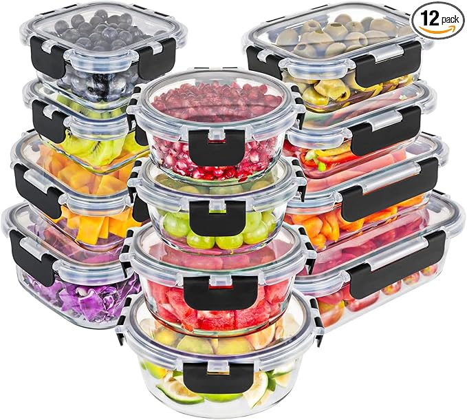 Magic Mill Glass Storage Containers with lids Set | Ultimate 24pc Set with BPA-Free Airtight Locking Lids for Lunch, Food Storage, Meal Prep, Safe in Fridge, Freezer, Dishwasher Safe for Easy Clean