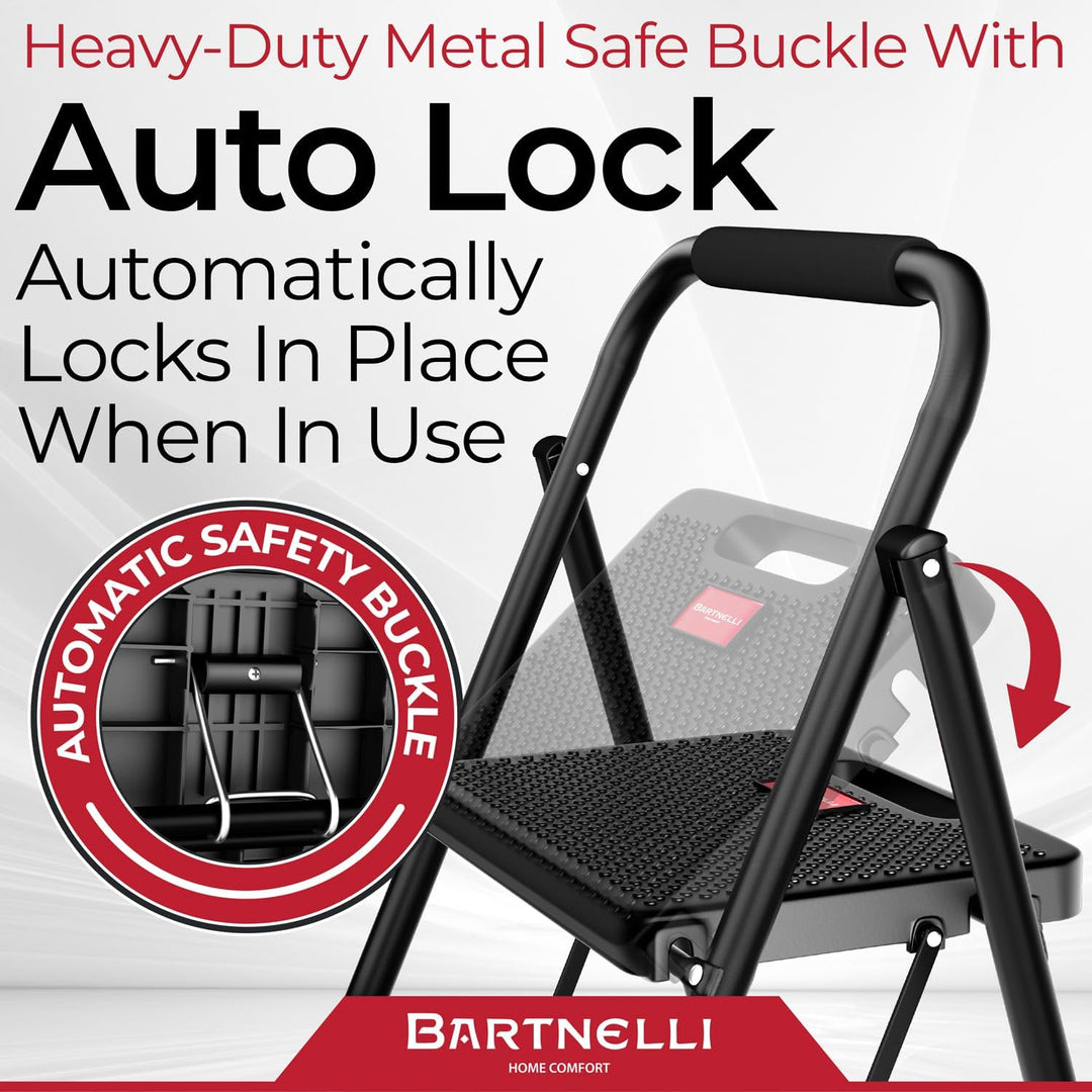 Bartnelli Pro Luxury Step Ladder | European Made 3 Step Foldable Step Stool for Home | Rock-Solid 500 lb Capacity,Built to Last with Highest-Grade Sturdy Steel Construction,Soft Handle, Anti-Slip Feet