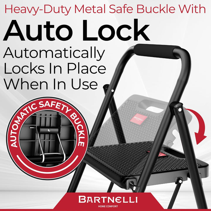 Bartnelli Pro Luxury Step Ladder | European Made 3 Step Foldable Step Stool for Home | Rock-Solid 500 lb Capacity,Built to Last with Highest-Grade Sturdy Steel Construction,Soft Handle, Anti-Slip Feet