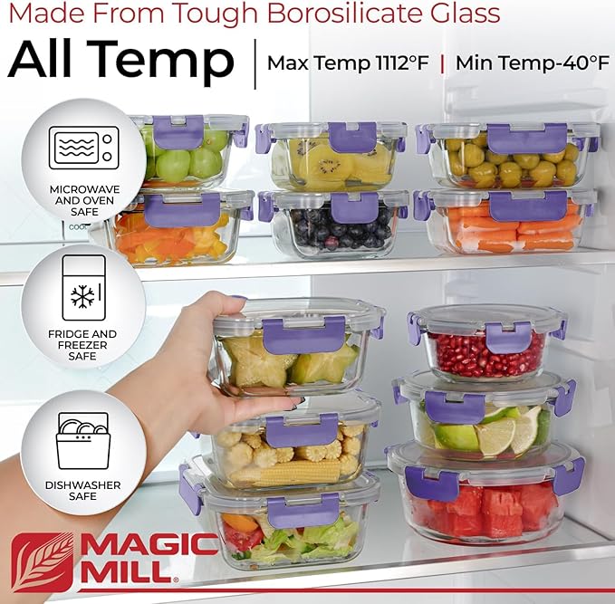 Magic Mill Glass Storage Containers with lids Set | Ultimate 24pc Set with BPA-Free Airtight Locking Lids for Lunch, Food Storage, Meal Prep, Safe in Fridge, Freezer, Dishwasher Safe for Easy Clean