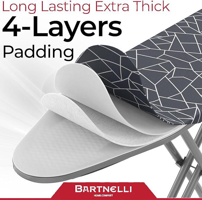 Bartnelli Ironing Board | Space-Saving and Ultimate Iron Board Experience 13x43 | Reinforced Steel Legs, Adjustable Height, 4-Layer Padding, Patent Folding System (BIBT-2110)