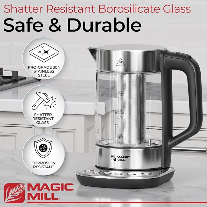 Magic Mill Pro Electric Kettle with tea Infuser and Temperature Control - Keep Warm Function, Rapid Boil, Automatic Safety Shut Off, BPA Free, No Plastic on Water, British Patent Technology,Large 1.7L