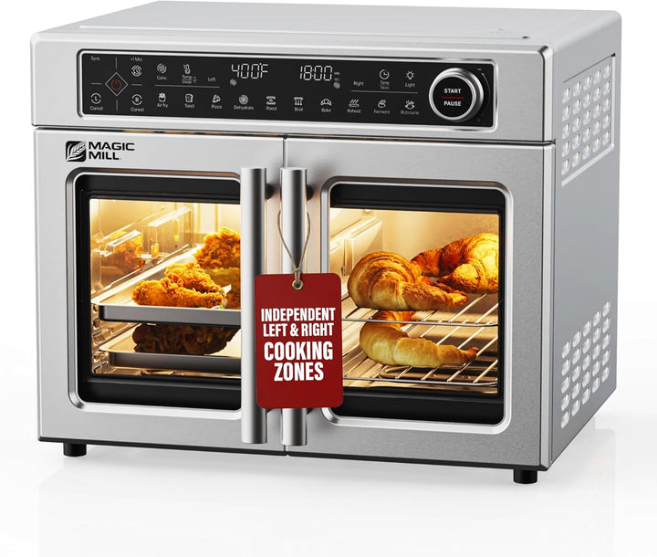 Magic Mill Ultra-Premium Dual-Zone Stainless Steel Air Fryer Toaster Oven Combo, Extra Large 32QT French Door Convection Oven with Next-Gen Patent Technology, 13 Accessories, Rotisserie, Sync Finish
