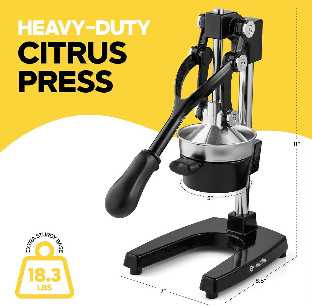 Eurolux Cast Iron Citrus Juicer | Commercial Grade Manual Hand Press | Countertop Squeezer for Fresh Fruit Juice
