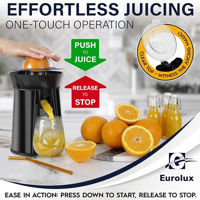 Eurolux Electric Orange Juicer, Sleek Effortless Citrus Juice Squeezer for Lemon, Lime, Grapefruit Powerful Motor With Cones for all Size Fruits