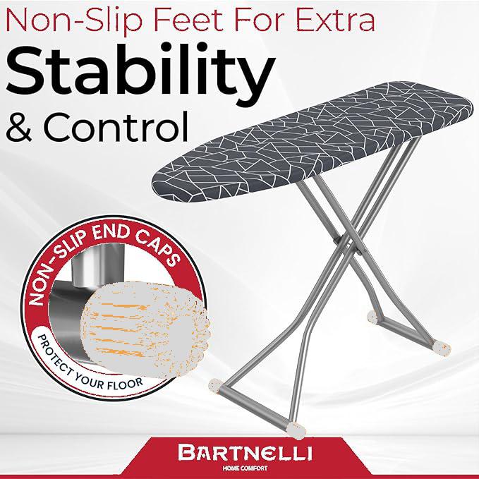 Bartnelli Ironing Board | Space-Saving and Ultimate Iron Board Experience 13x43 | Reinforced Steel Legs, Adjustable Height, 4-Layer Padding, Patent Folding System (BIBT-2110)