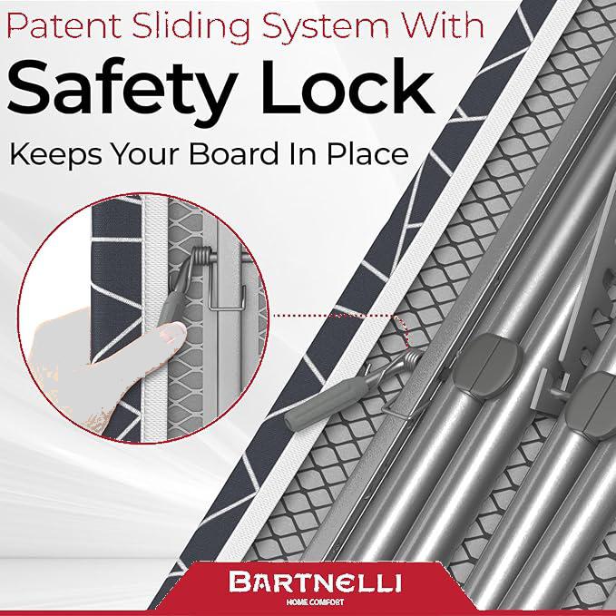 Bartnelli Ironing Board | Space-Saving and Ultimate Iron Board Experience 13x43 | Reinforced Steel Legs, Adjustable Height, 4-Layer Padding, Patent Folding System (BIBT-2110)