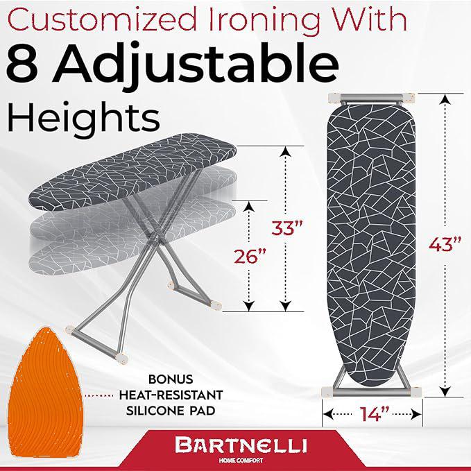 Bartnelli Ironing Board | Space-Saving and Ultimate Iron Board Experience 13x43 | Reinforced Steel Legs, Adjustable Height, 4-Layer Padding, Patent Folding System (BIBT-2110)