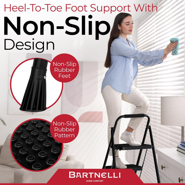 Bartnelli Pro Luxury Step Ladder | European Made 3 Step Foldable Step Stool for Home | Rock-Solid 500 lb Capacity,Built to Last with Highest-Grade Sturdy Steel Construction,Soft Handle, Anti-Slip Feet