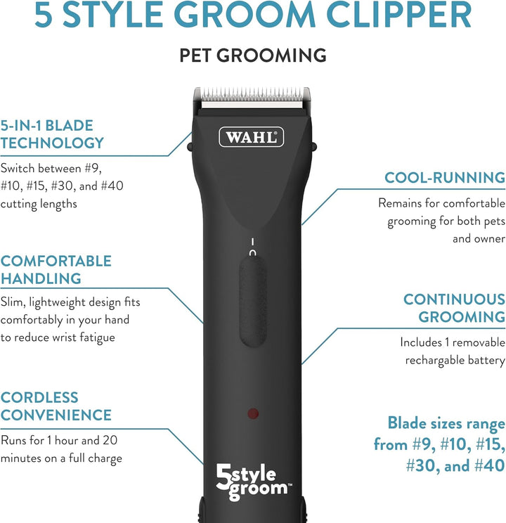 Wahl Pro Animal 5 Style Groom Clipper - Cat & Dog Clippers - Adjustable 5-in-1 Blade - Cordless Design - 80 Min Runtime