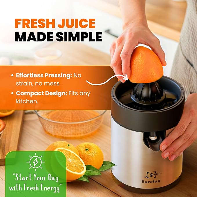 Eurolux Electric Orange Juicer, Sleek Effortless Citrus Juice Squeezer for Lemon, Lime, Grapefruit | Powerful Motor, Easy to Clean, Removable Dishwasher-Safe Parts