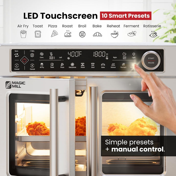 Magic Mill Ultra-Premium Dual-Zone Stainless Steel Air Fryer Toaster Oven Combo, Extra Large 32QT French Door Convection Oven with Next-Gen Patent Technology, 13 Accessories, Rotisserie, Sync Finish