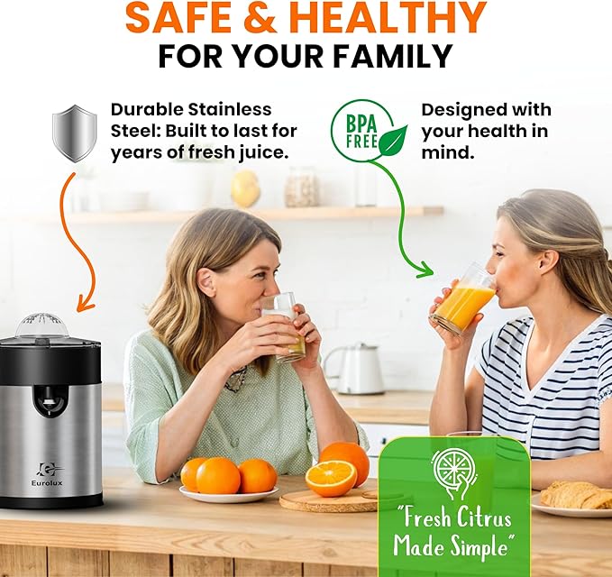 Eurolux Electric Orange Juicer, Sleek Effortless Citrus Juice Squeezer for Lemon, Lime, Grapefruit | Powerful Motor, Easy to Clean, Removable Dishwasher-Safe Parts