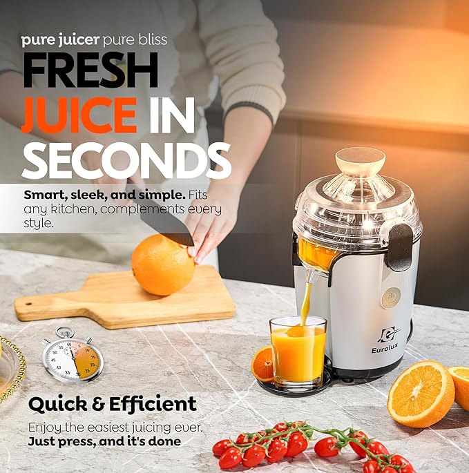 Eurolux Hands-Free Electric Citrus Juicer Machine, Orange Lime Grapefruit Lemon Squeezer, Easy to Clean,