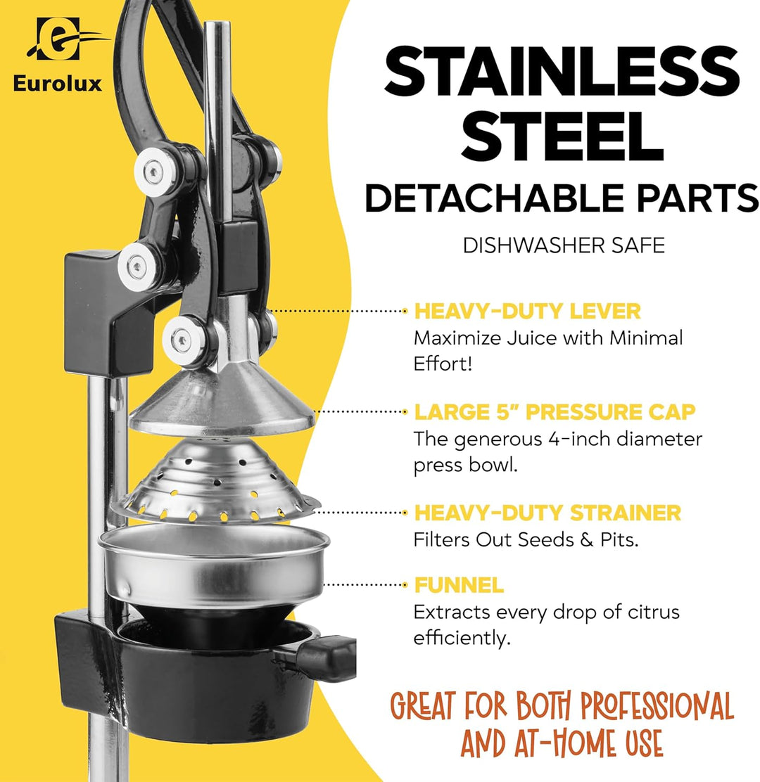 Eurolux Cast Iron Citrus Juicer | Commercial Grade Manual Hand Press | Countertop Squeezer for Fresh Fruit Juice