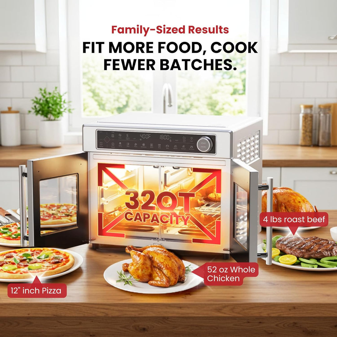 Magic Mill Ultra-Premium Dual-Zone Stainless Steel Air Fryer Toaster Oven Combo, Extra Large 32QT French Door Convection Oven with Next-Gen Patent Technology, 13 Accessories, Rotisserie, Sync Finish