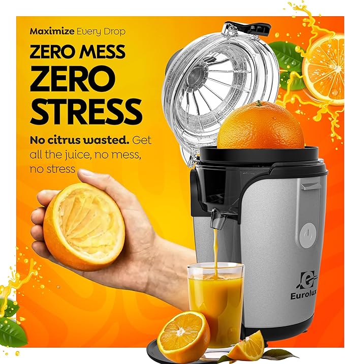 Eurolux Hands-Free Electric Citrus Juicer Machine, Orange Lime Grapefruit Lemon Squeezer, Easy to Clean,