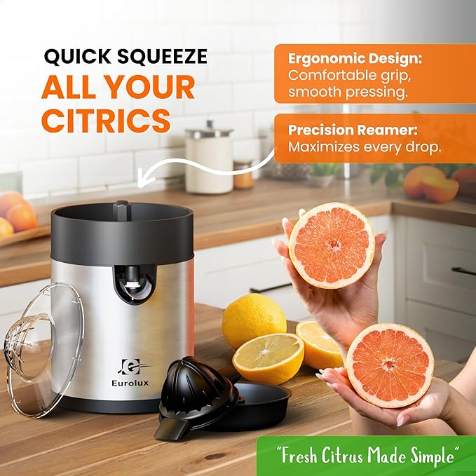 Eurolux Electric Orange Juicer, Sleek Effortless Citrus Juice Squeezer for Lemon, Lime, Grapefruit | Powerful Motor, Easy to Clean, Removable Dishwasher-Safe Parts